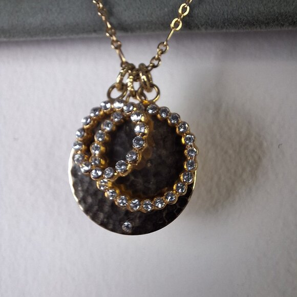 Gold Tone Pendant Necklace Hammered Disc Rhinestone Circles 16"+2" Ext. - Picture 2 of 7